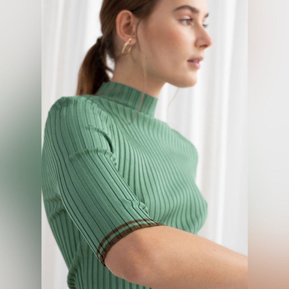 & Other Stories Green Ribbed Mock Neck Top - Picture 2 of 10